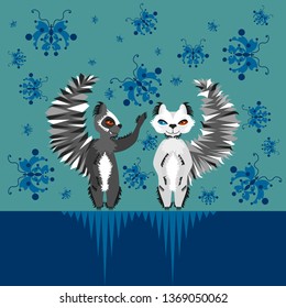 A pair of squirrels, white and dark gray, are surrounded by flying blue butterflies.