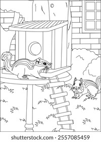 A pair of squirrels in wood house coloring page