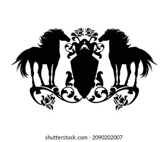 pair of standing mustang horses with heraldic shield among rose flowers - black animals silhouette with vector design elements over white