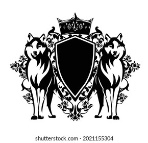 pair of standing wolves with heraldic shield and royal crown - medieval style fantasy coat of arms black and white vector silhouette design