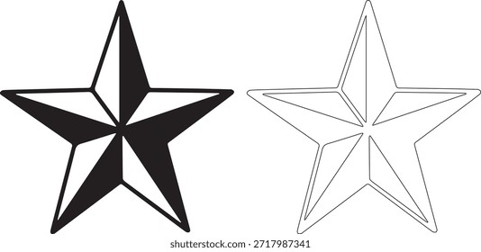 Um par de formas de estrela, uma preta preenchida e uma contornada com pontos, sobre um fundo branco puro