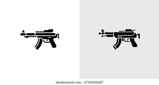 A pair of stark black submachine gun icons presented against clean, white backgrounds.
