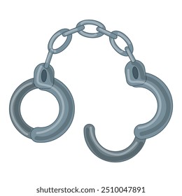 Pair of steel handcuffs is shown open, with the chain links visible between them