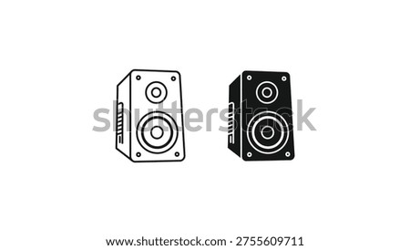A pair of stereo speakers illustrated in contrasting black and white designs
