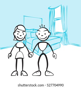 Pair of sticky figures for planning interior design, vector drawing on coloured background, ready for color change