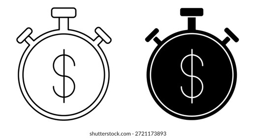Un par de iconos de cronómetro, uno con un contorno simple y el otro con una silueta negra sólida, ambos con un signo de dólar en su centro.