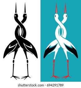 A pair of storks embracing with a twisted neck, a love story logo.