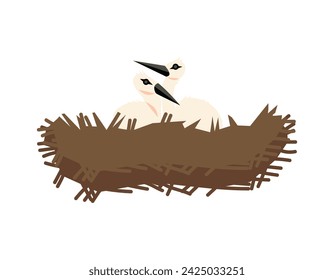 Pair of storks in nest embody family and maternity in vector illustration. Ciconia silhouette against white background symbolizes parenthood and nurturing of offspring.