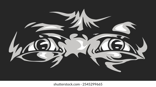 A pair of striking eyes looks out with an intense gaze surrounded by abstract shapes. The dark background highlights the expressive features and detail of the eyes creating a captivating focus.