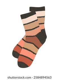 A pair of striped knitted socks with a brown and orange stripe. The socks are drawn in a cartoon style.