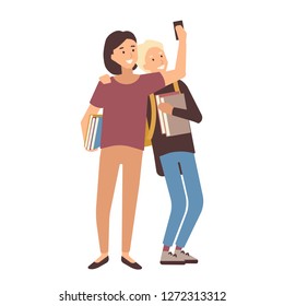 Pair of students holding books and making selfie on smartphone. Young man and woman, school friends or classmates photographing themselves on phone. Colorful vector illustration in flat cartoon style.