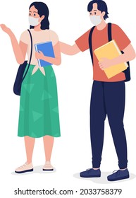 Pair of students in masks semi flat color vector character. High school pupils figures. Full body people on white. School isolated modern cartoon style illustration for graphic design and animation