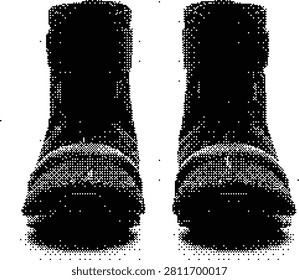 A pair of sturdy work boots, shown from the front in a halftone style, representing labor, durability, and practical footwear.