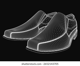 Um par de sapatos renderizados 3D elegantes se destaca em um plano de fundo preto elegante. A textura realista e o design detalhado destacam a estética moderna do calçado.