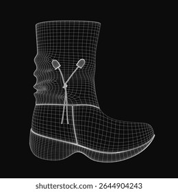 A pair of stylish 3D-rendered boots stands on a black background, showcasing realistic textures and fine details. The laces, sturdy sole, and defined heel are clearly visible, highlighting the.