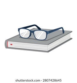 A pair of stylish blue-framed reading glasses resting neatly on a closed grey book, symbolizing education, study, and intellectual pursuits.