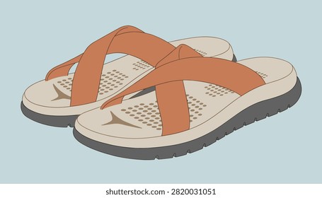 Pair of stylish brown leather sandals with criss-cross straps is shown in flat design vector illustration.