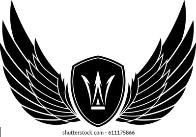 Pair of stylish decorative vector wings with shields and crown.