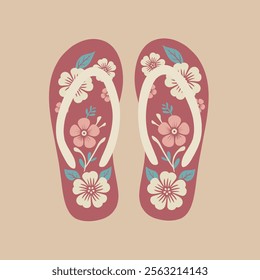 A pair of stylish, floral flip-flops against a muted beige background