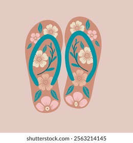 A pair of stylish, floral flip-flops against a muted beige background