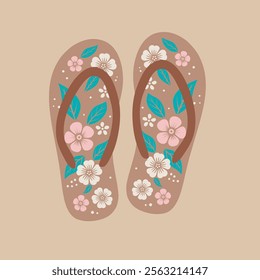 A pair of stylish, floral flip-flops against a muted beige background