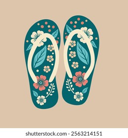 A pair of stylish, floral flip-flops against a muted beige background