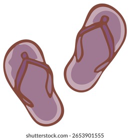 Um par de chinelos roxos elegantes, desenhados à mão com tiras marrons, em ângulo divertido. Isolado em um fundo branco, perfeito para temas de verão, praia e calçados casuais.