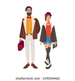 Pair of stylish hipsters. Young man and woman dressed in fancy trendy clothes. Stylish couple. Cute male and female cartoon characters isolated on white background. Colorful vector illustration.