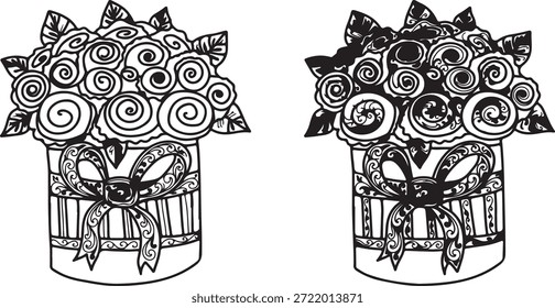 Um par de desenhos monocromáticos elegantes com rosas abundantes dispostas em caixas redondas decorativas, mostrando tanto a arte em linha quanto as versões sólidas.