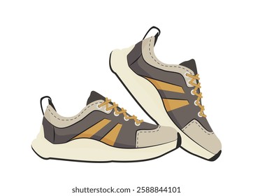 A pair of stylish sneakers in brown, beige, and black tones with yellow accents. The shoes feature a modern design with detailed stitching and lightweight soles. Vector illustration