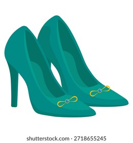 Un par de zapatos de tacón alto de color verde azulado con punteras puntiagudas y adornos decorativos de lazo dorado.
