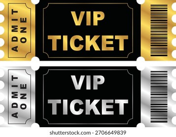 Un par de elegantes entradas VIP, diseñadas en oro y plata contrastados sobre un fondo negro, que indican entrada premium y acceso especial a eventos.