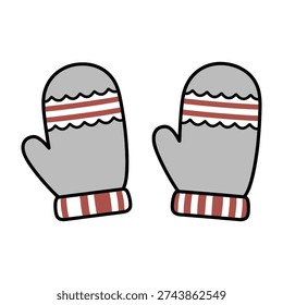 A pair of stylish winter mittens showcasing a cozy textured cuff with alternating red and white striped pattern against a neutral gray background for warmth and comfort
