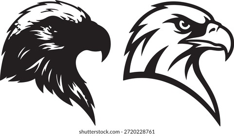 Um par de ilustrações de cabeça de águia careca estilizada em preto e branco, com detalhes contrastantes e linhas nítidas.