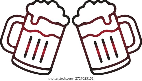 Un par de tazas de cerveza estilizadas con tapas de espuma burbujeantes presentadas en un estilo de arte de línea simple sobre fondo transparente