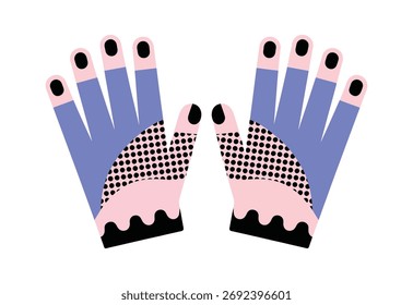 Um par de luvas estilizadas e coloridas com padrões abstratos e uma estética retrô, isoladas sobre um fundo branco.
