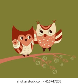 A pair of stylized decorative owl on a floral branch