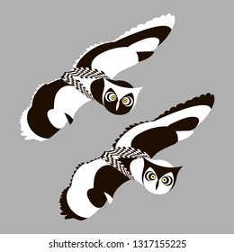 Pair of stylized eagle owls. Flying two owls on a grey backround. Opened wings. Black and white plumage. Abstract birds for design of t-shirt, bag, tattoo, coloring, print, postcard, poster, stamping.