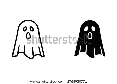 A pair of stylized ghost icons, one in outline and one filled black, both displaying a shocked or surprised facial expression. Ideal for Halloween themes, party invitations, or spooky decorative elements in flat design.