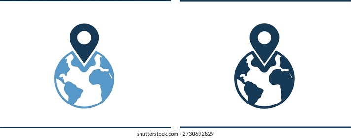 A pair of stylized globe icons with location pins on top in light blue and dark blue hues set against a clean white background for a clear visual representation