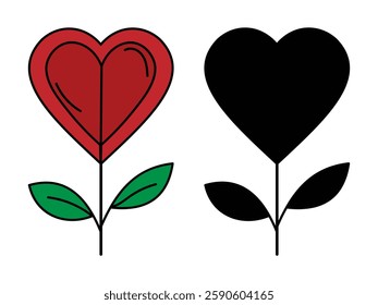 A Pair of Stylized Heart Flowers, One Red with Black Outline and One Solid Black, Each with Green Leaves on a White Background