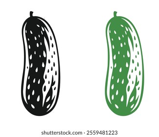 A pair of stylized pickles, one black and one green, white background.  Simple, bold graphic design.