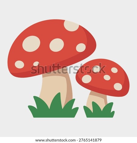 Pair of stylized red mushroom toadstools isolated on white background with mushroom