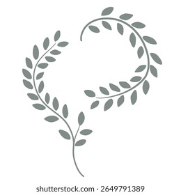 Um par de ramos de louro verde sábio estilizado, um formando um arco gracioso e o outro uma curva suave com um caule, perfeito para desenhos naturais elegantes, isolado no branco.