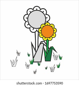 a pair of sunflowers between the green grass