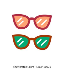 A pair of sunglasses on a white background with bics. Pink and green color. Women's Summer Accessory Icon