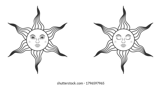 Pair of suns with open and closed eyes in medieval style isolated on white background. Vector illustration