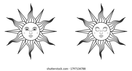 Pair of suns with open and closed eyes in medieval style isolated on white background. Vector illustration