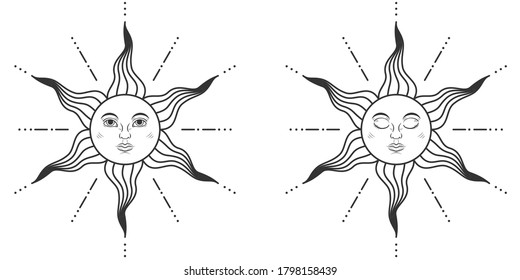 Pair of suns with open and closed eyes in medieval style isolated on white background. Vector illustration