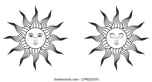 Pair of suns with open and closed eyes in medieval style isolated on white background. Vector illustration